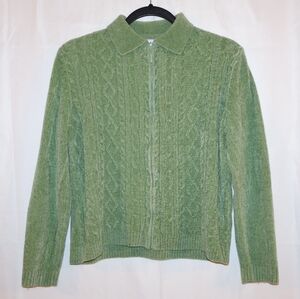 Alfred Dunner Sage Green Chenille Cardigan Sweater w/Collar. Petite Small.